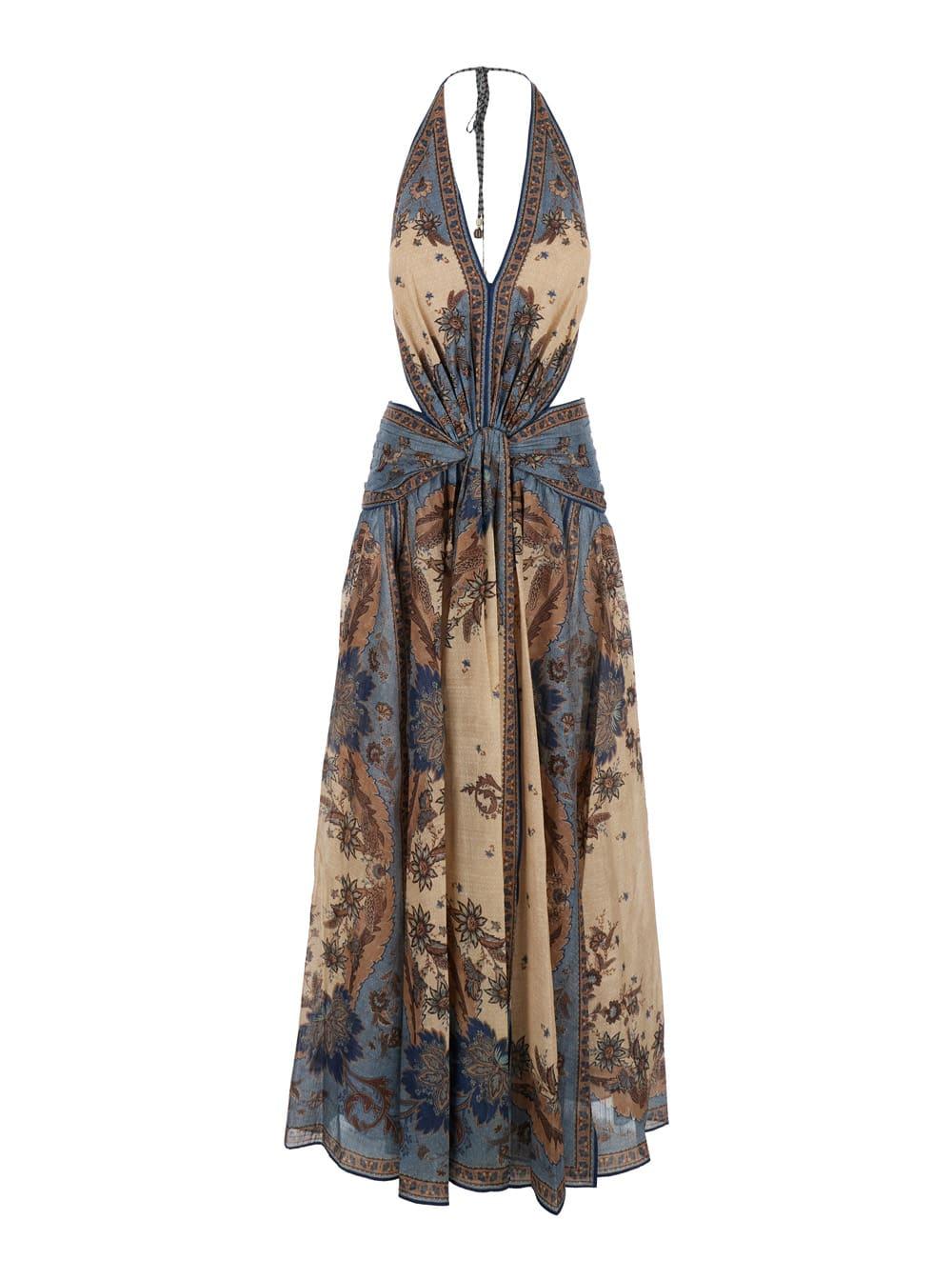 zimmermann ascension multicolor sleeveless long dress with halterneck and all-over print in cotton woman