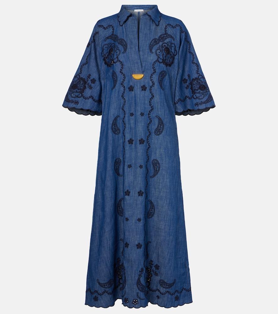 zimmermann aster embroidered denim midi dress
