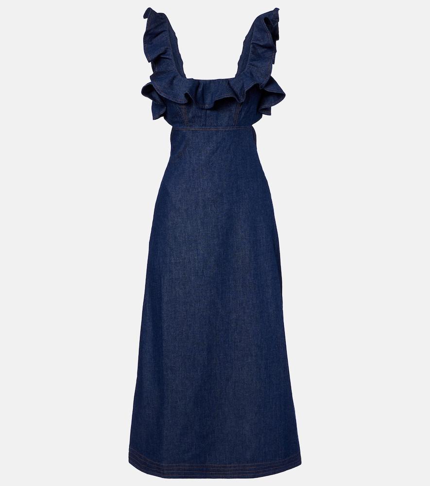 zimmermann aster ruffled denim midi dress