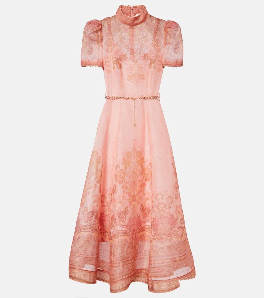 zimmermann belted paisley linen and silk midi dress