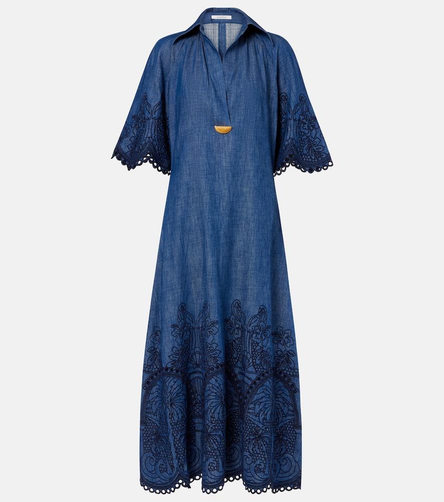 zimmermann coco embroidered denim maxi dress