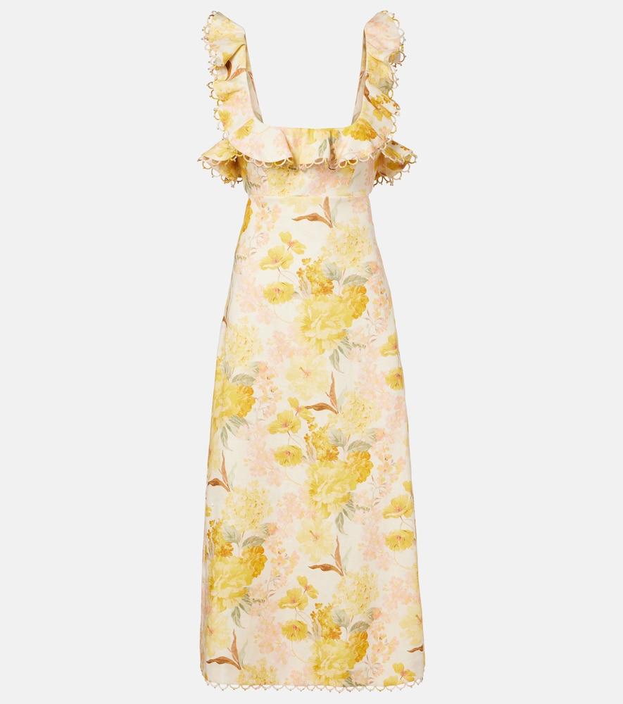 zimmermann como floral ruffled linen midi dress