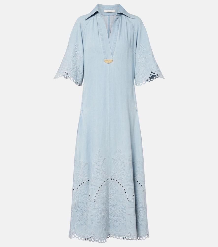 zimmermann daylight embroidered denim midi dress