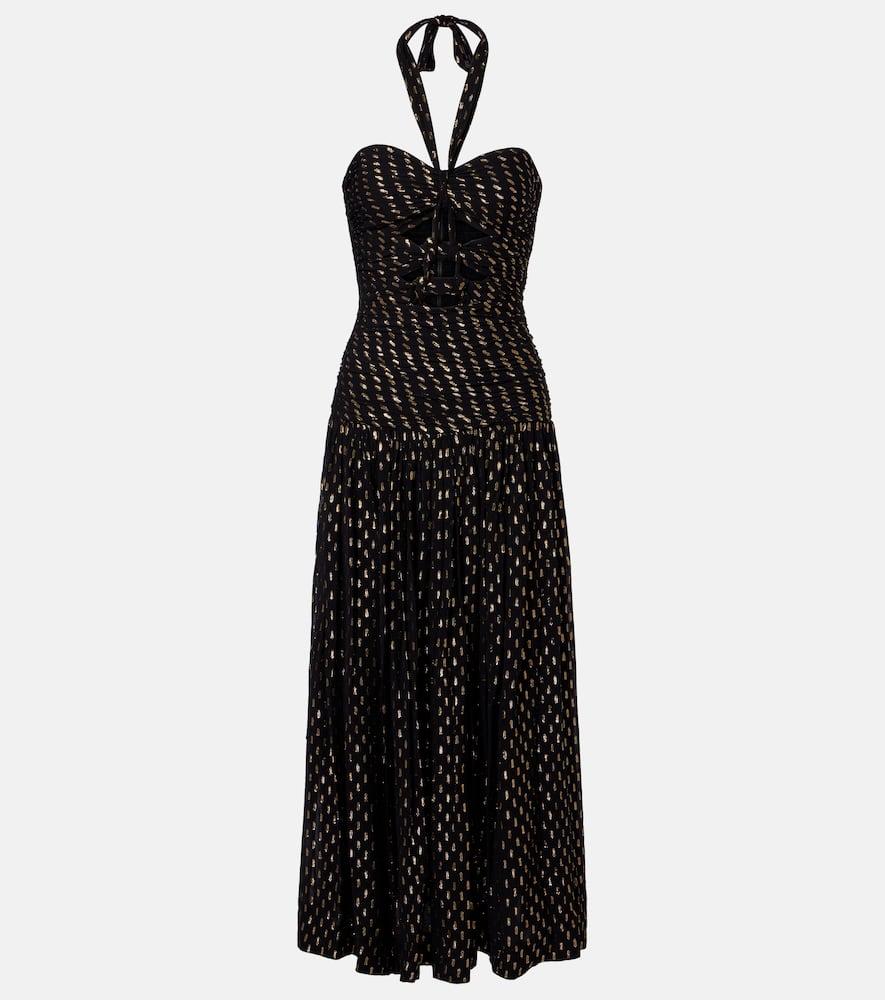 zimmermann daylight halterneck lamé midi dress