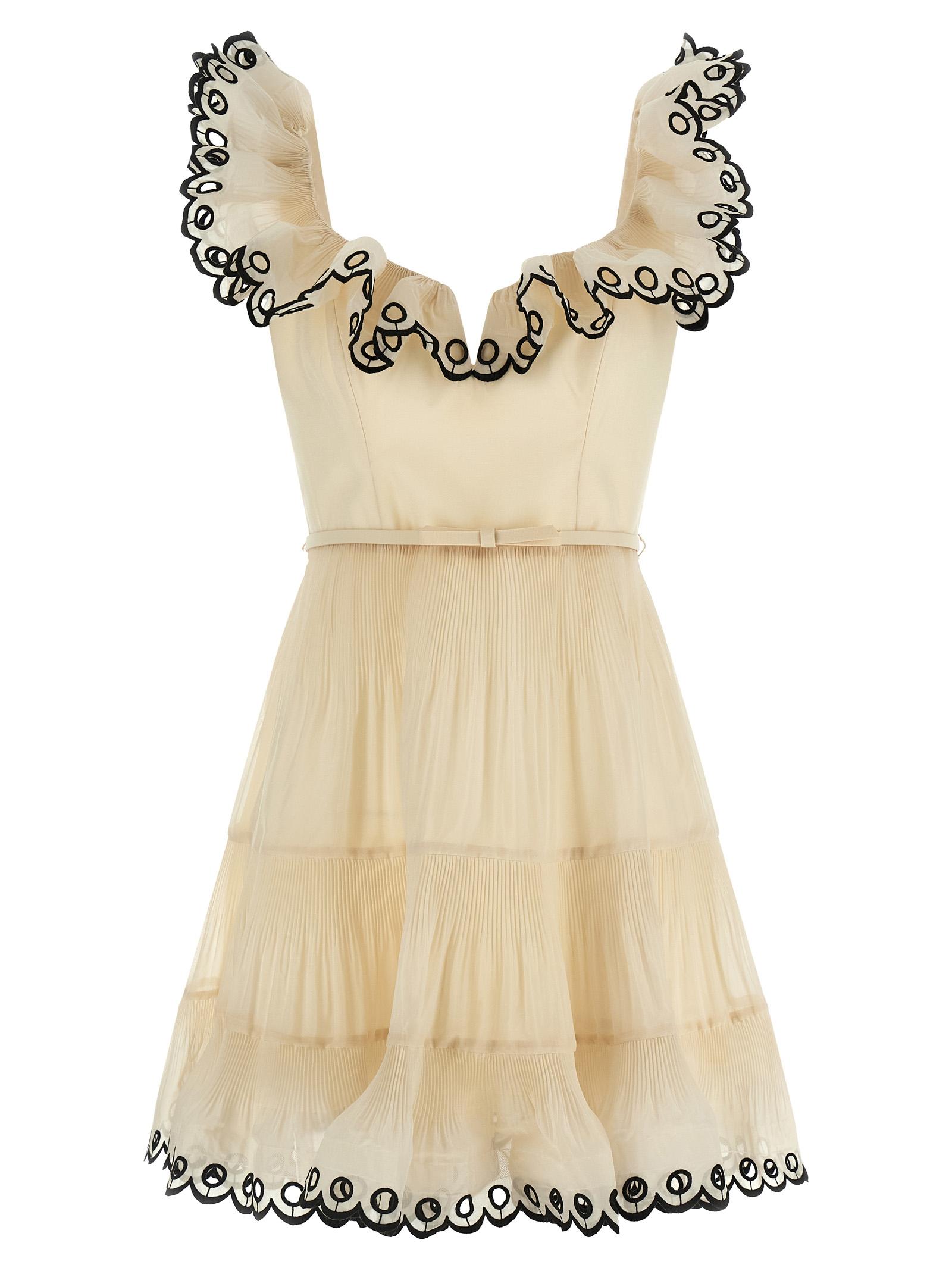zimmermann embroidered frilled mini dress beige polyester - women