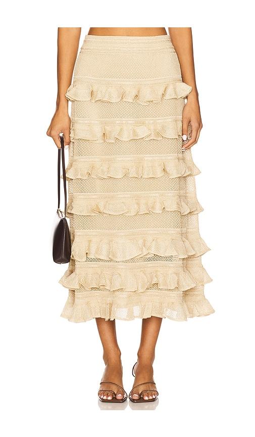 zimmermann lace frill midi skirt in metallic gold.