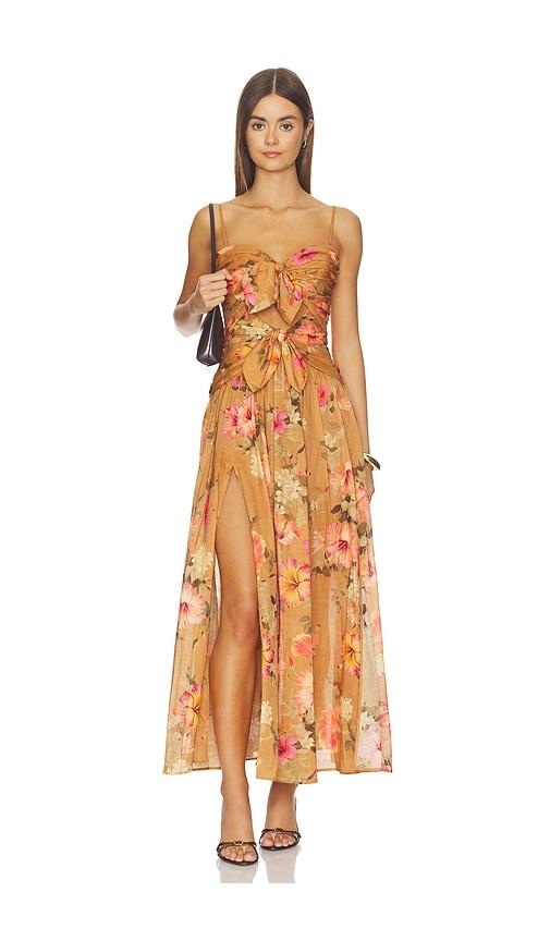 zimmermann mahon tie front midi dress in tan.
