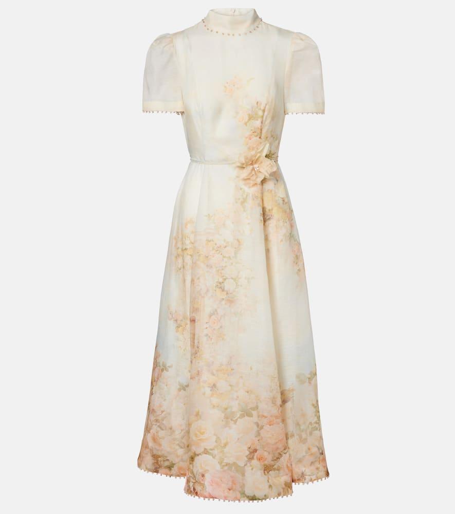 zimmermann memento floral linen and silk midi dress