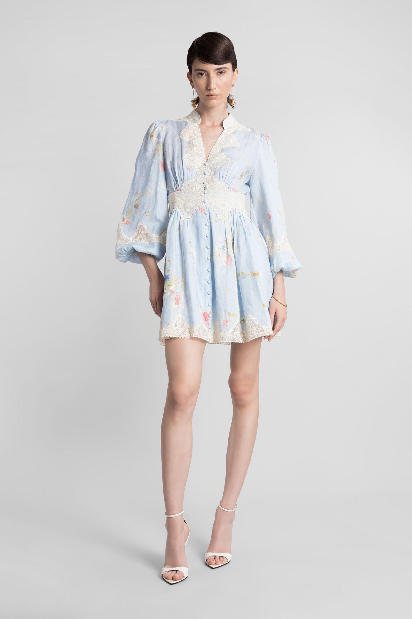zimmermann mini dress in cyan linen