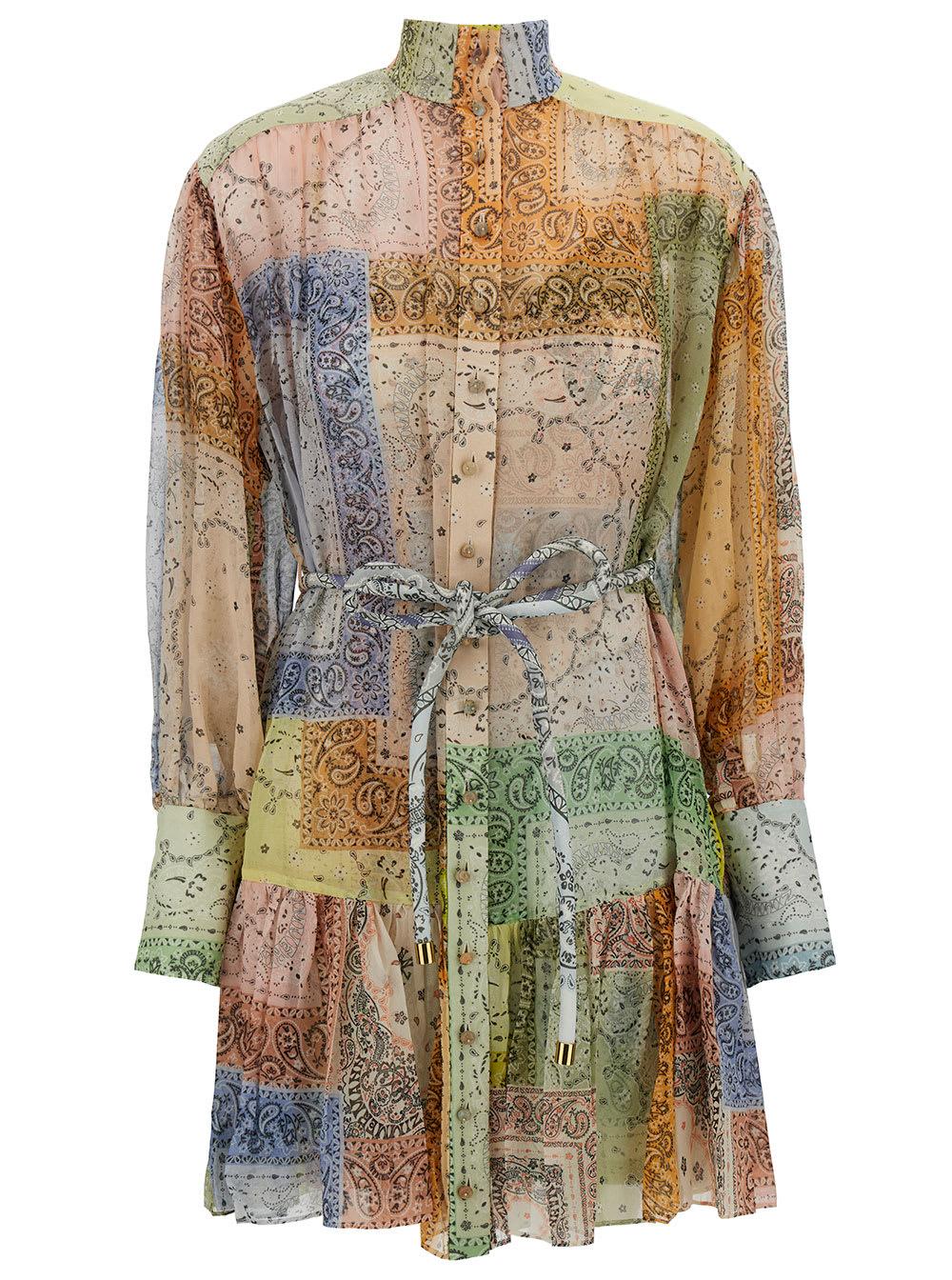 zimmermann mini multicolor patchwork dress with belt in cotton and silk woman