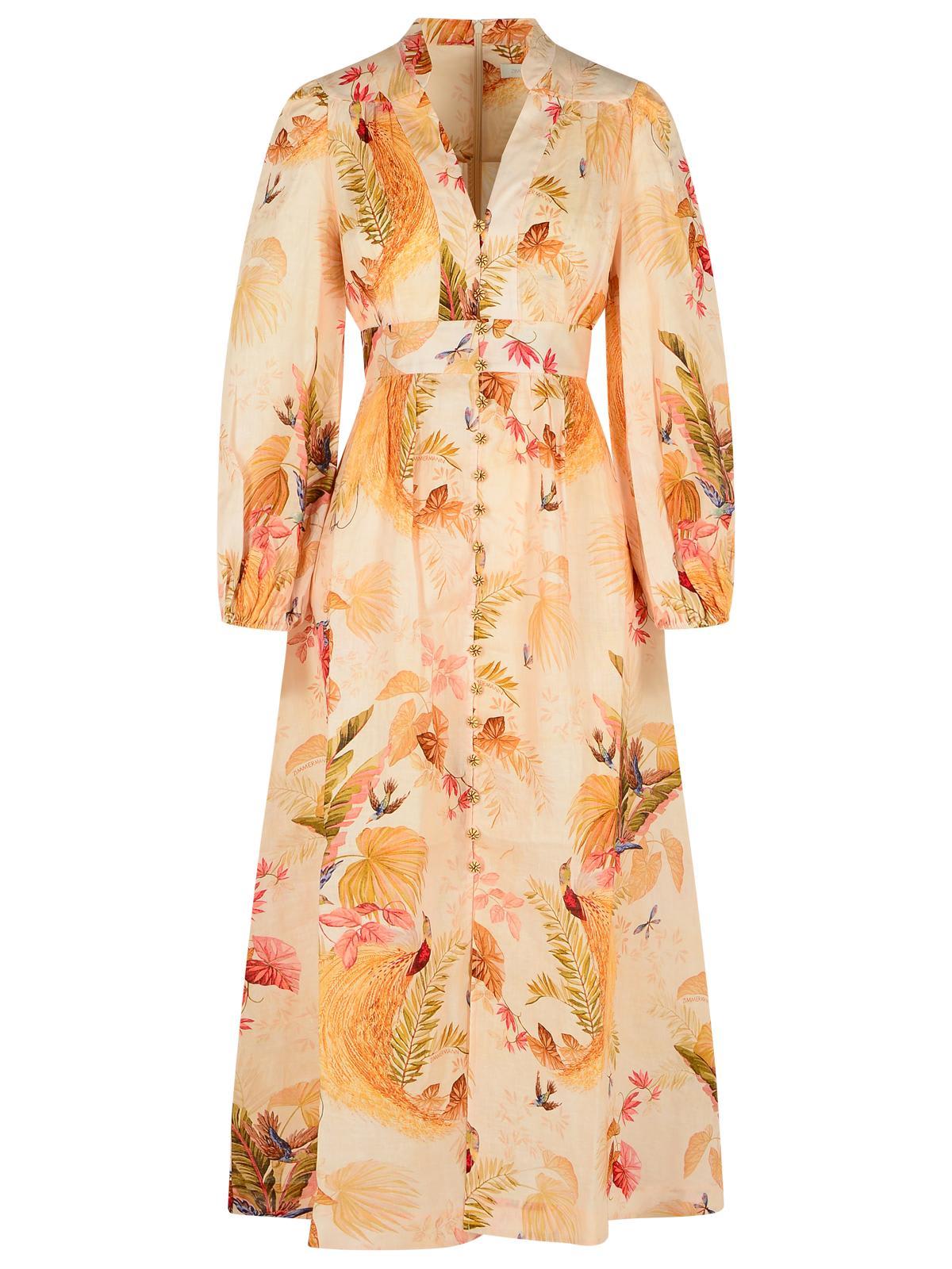 zimmermann plunge low-cut linen dress in cream palm floral color
