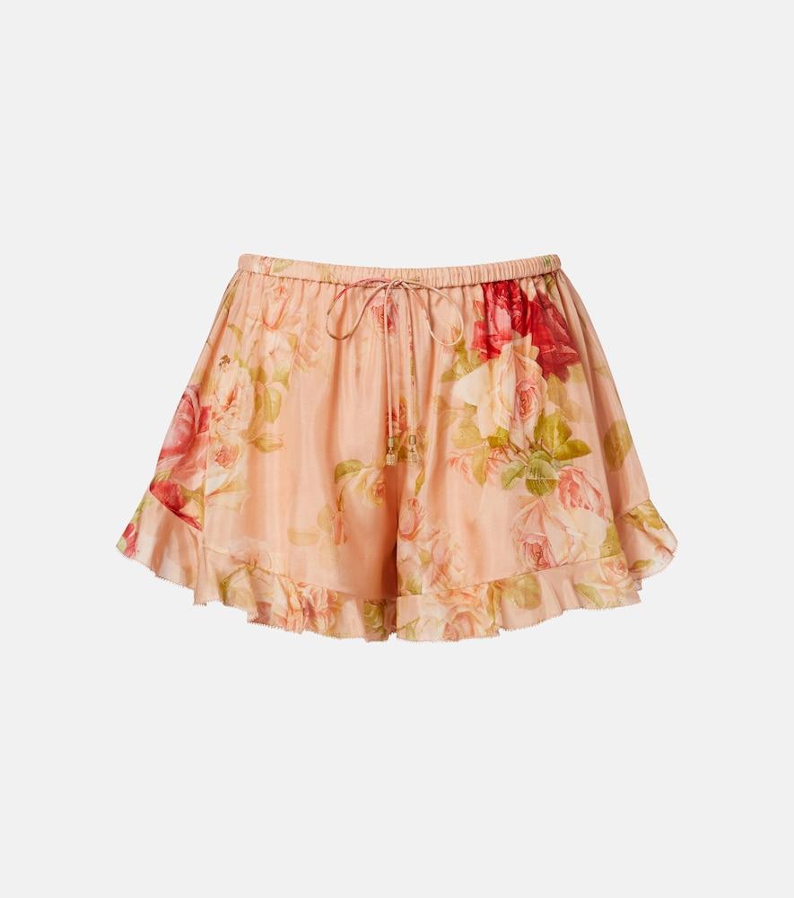 zimmermann roselight floral ruffled silk shorts