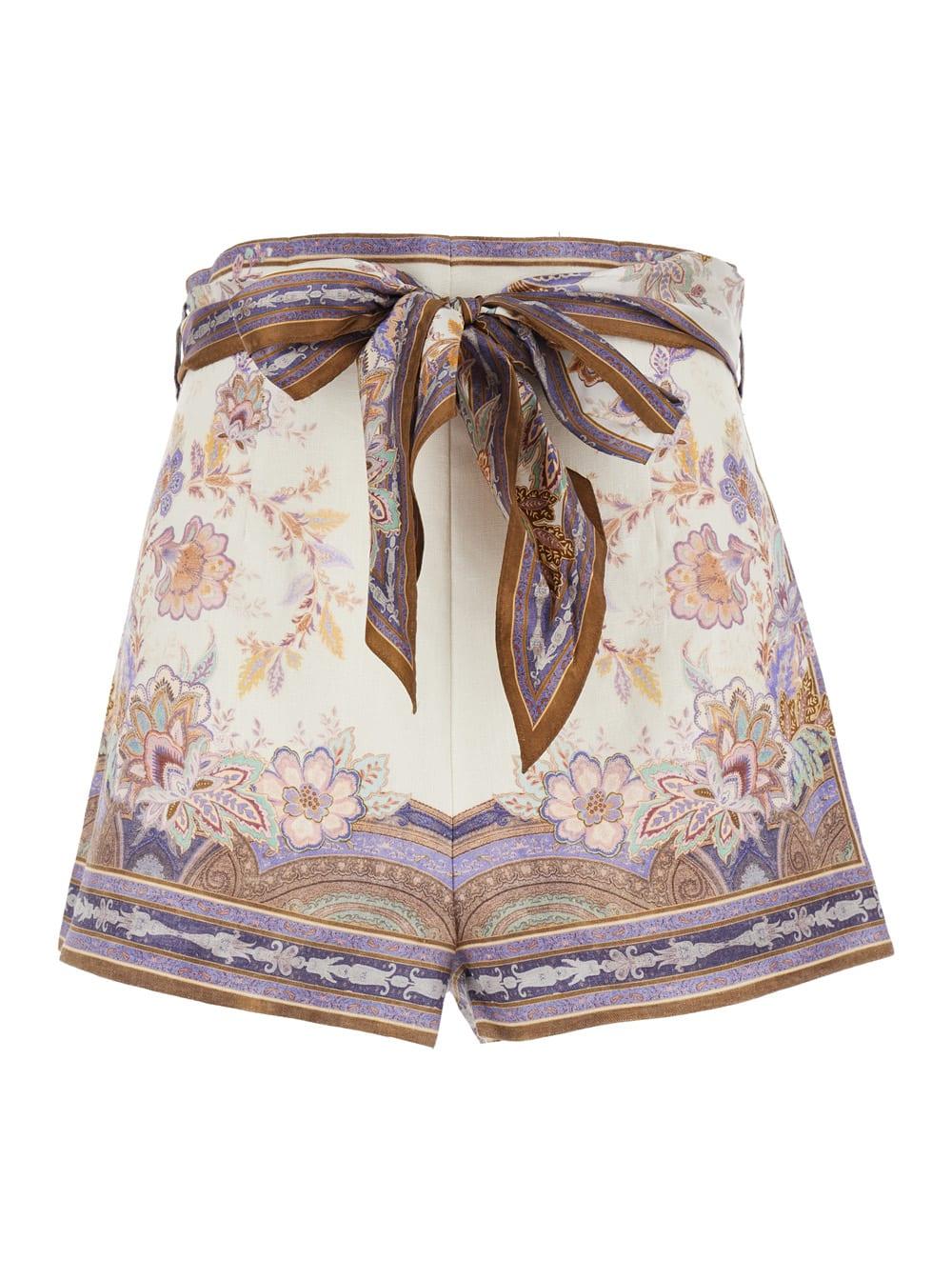 zimmermann shorts luna scarf tie with side bow closure in multicolor linen for women