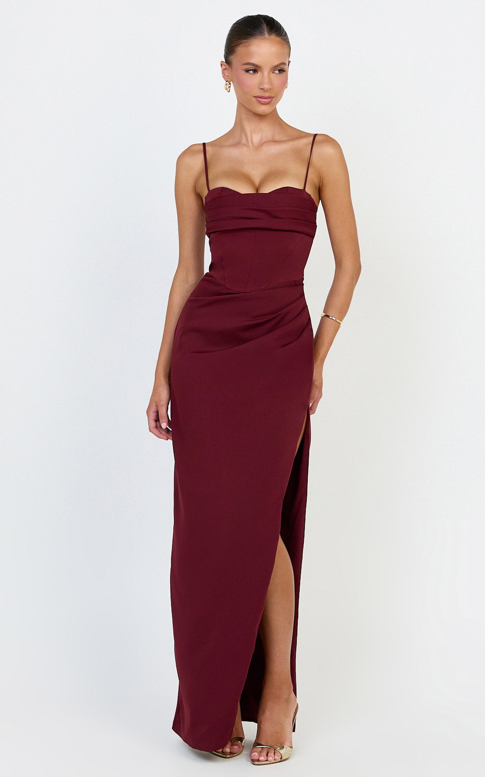 zinnia maxi dress - gathered bust side split dress in wine