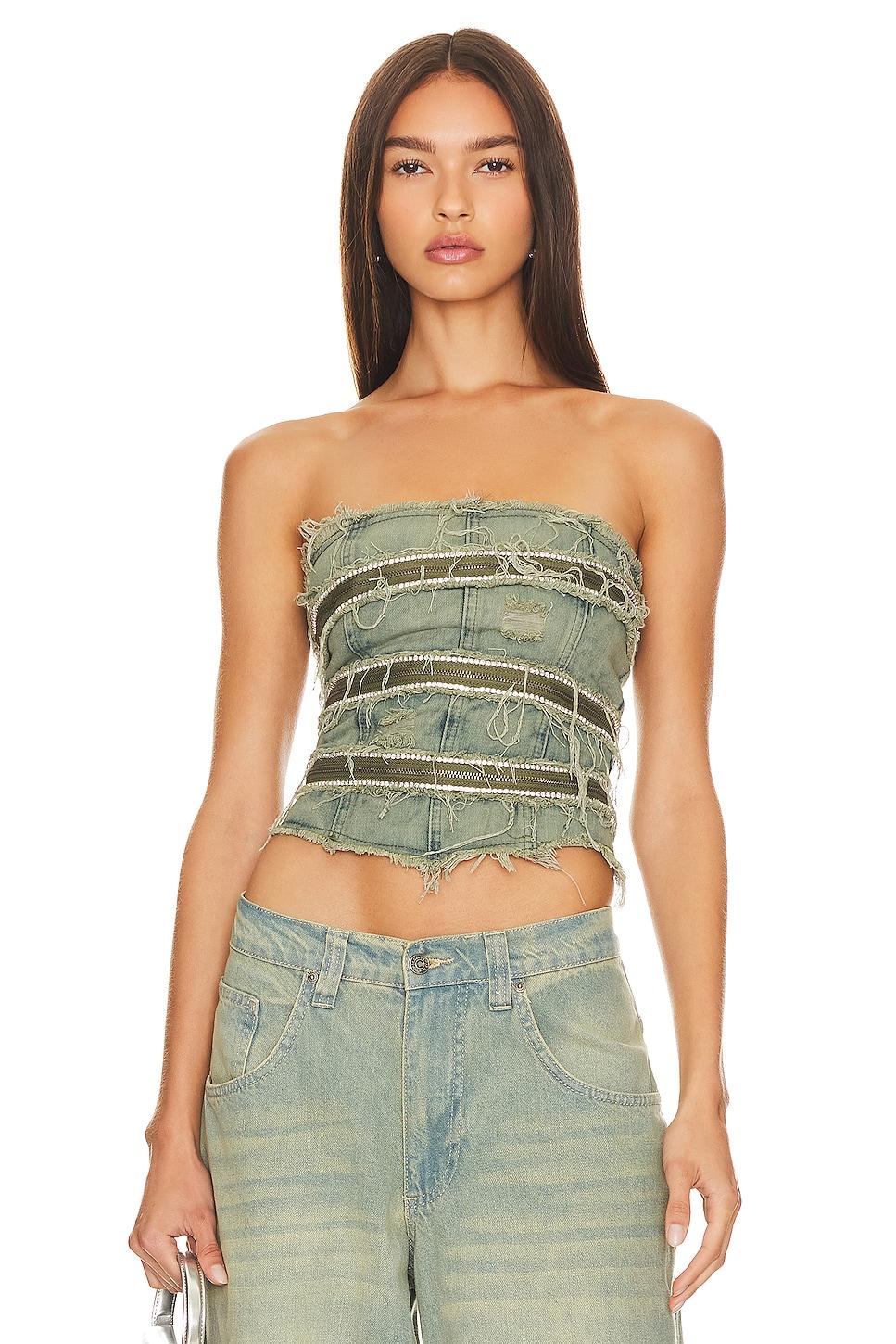 zip diamante denim corset
