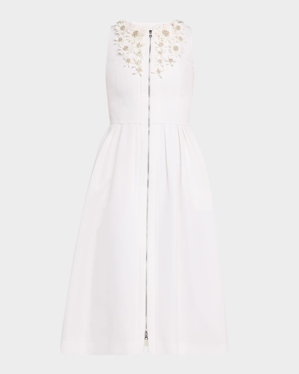 zip-front embroidered fit-&-flare midi dress