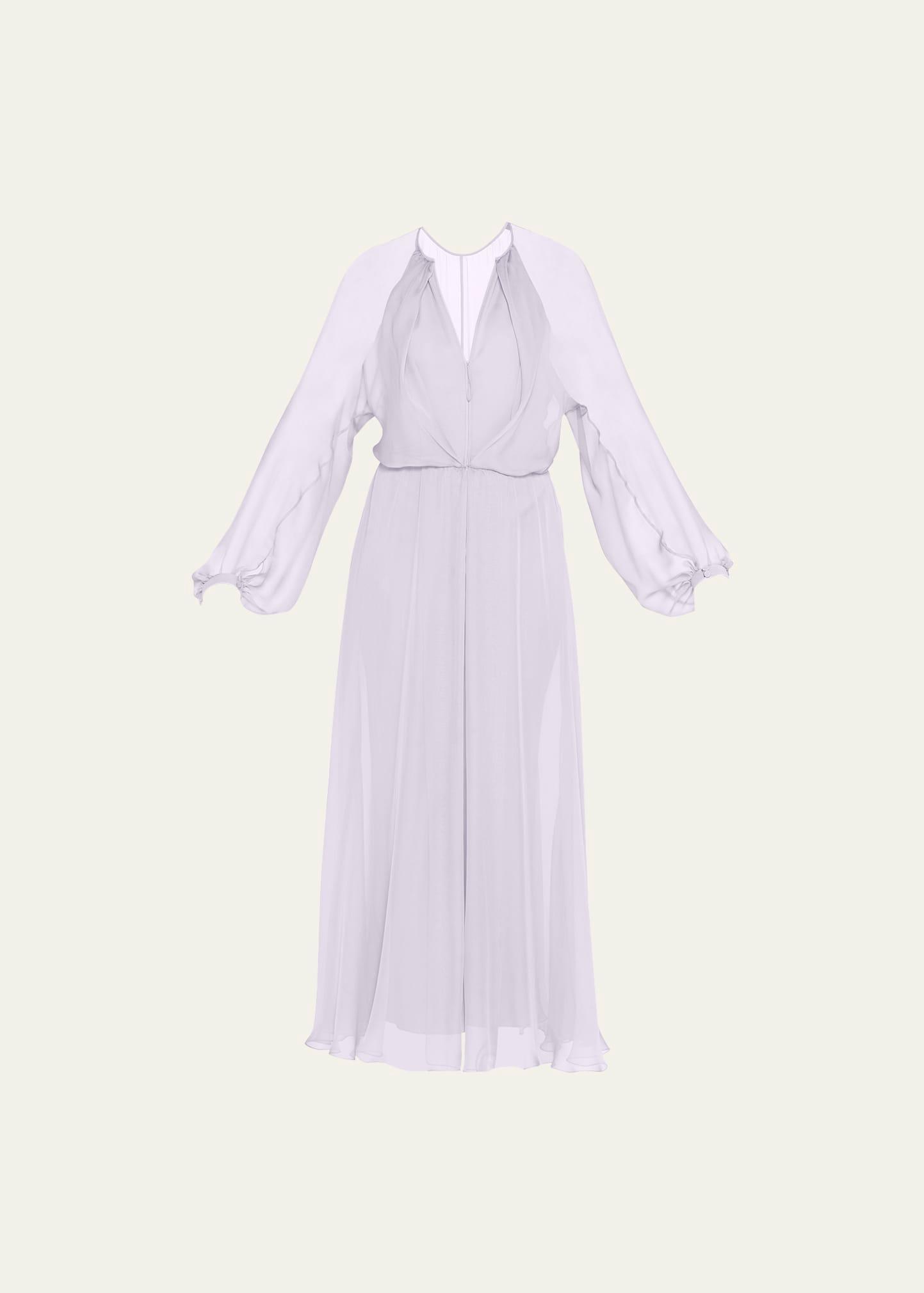 zip-front long-sleeve silk chiffon layered gown