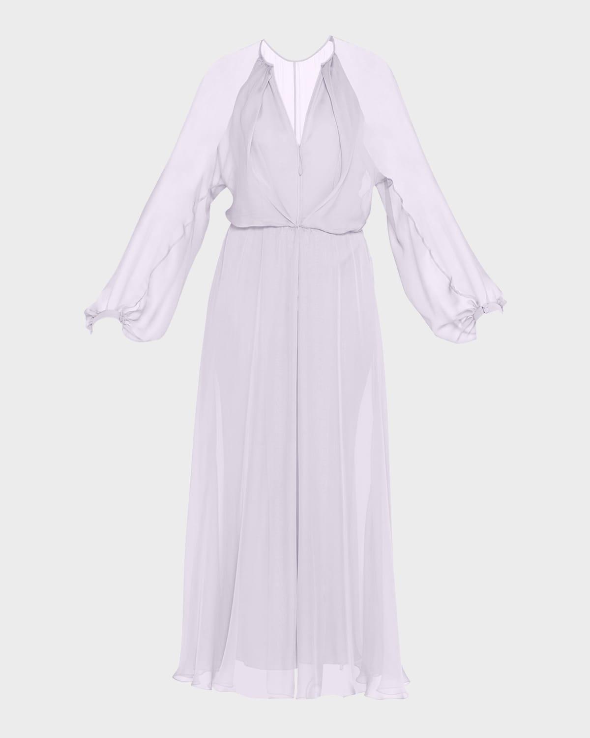 zip-front long-sleeve silk chiffon layered gown