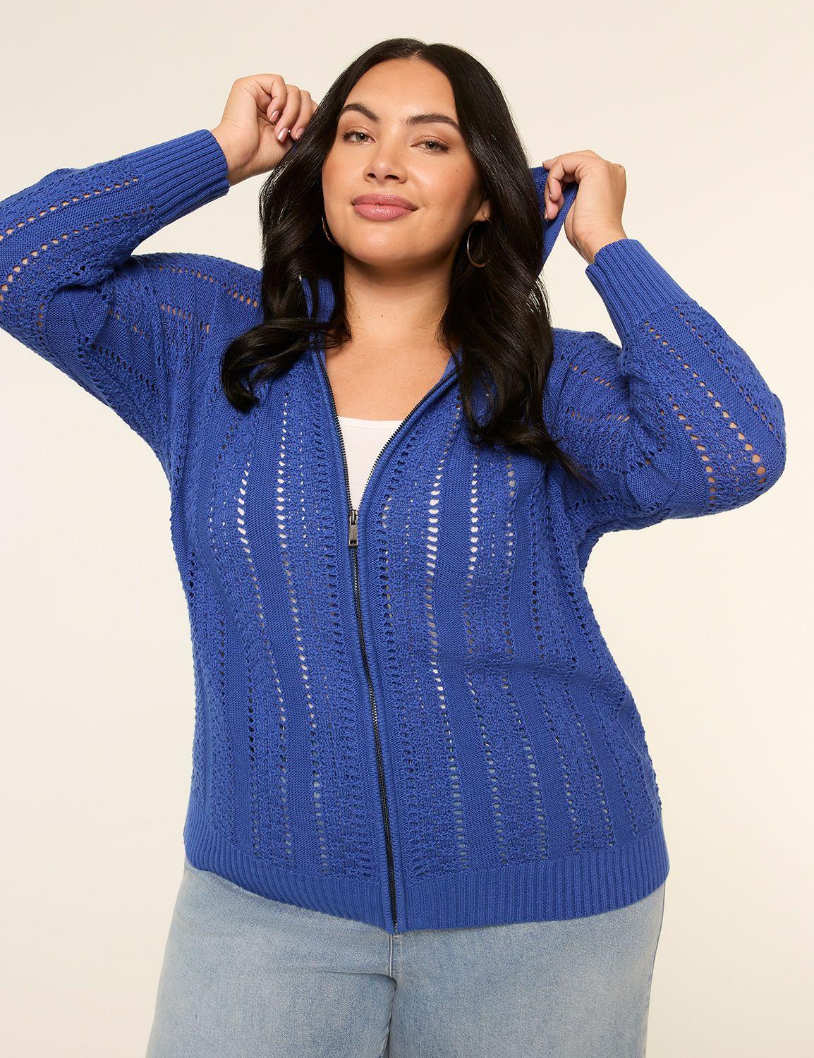 zip-front pointelle-stitch sweater
