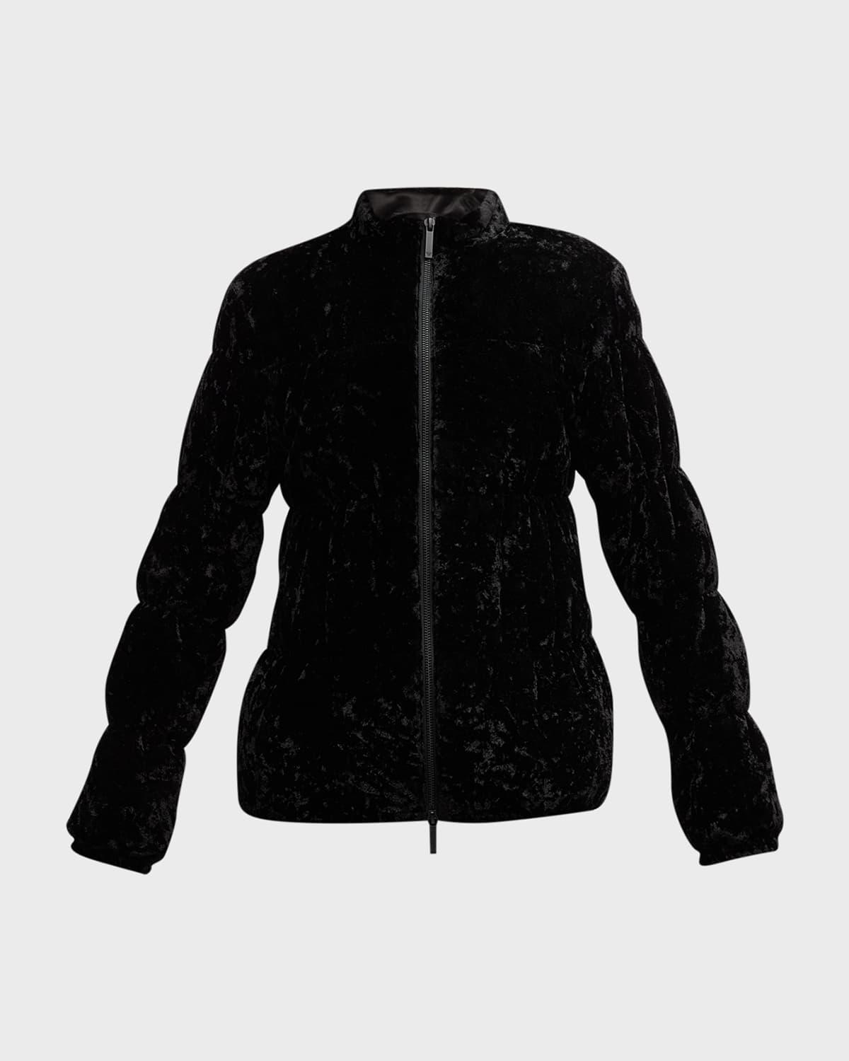 zip-front stretch velvet puffer jacket
