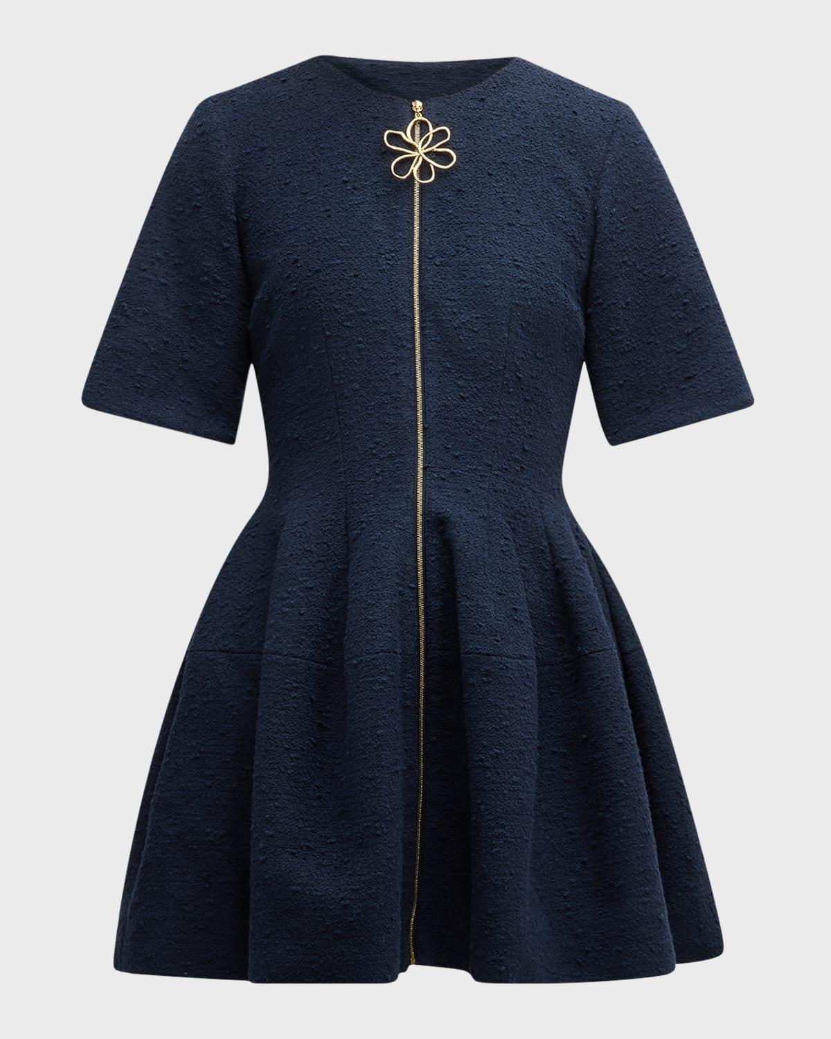 zip front wool tweed mini dress