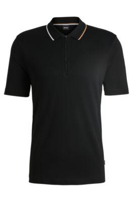 zip-neck polo shirt in interlock cotton- black men's polo shirts