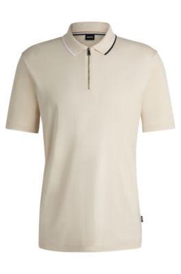 zip-neck polo shirt in interlock cotton- white men's polo shirts