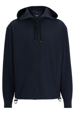 zip-up relaxed-fit hooded shirt in stretch fabric- dark blue men's casual shirts