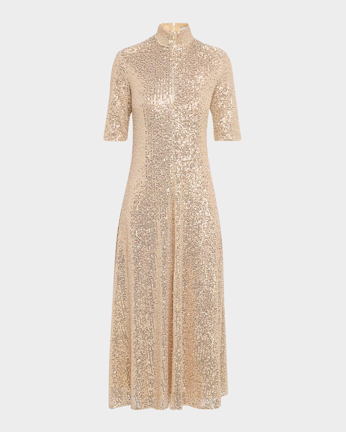 zip-up sequined midi dress