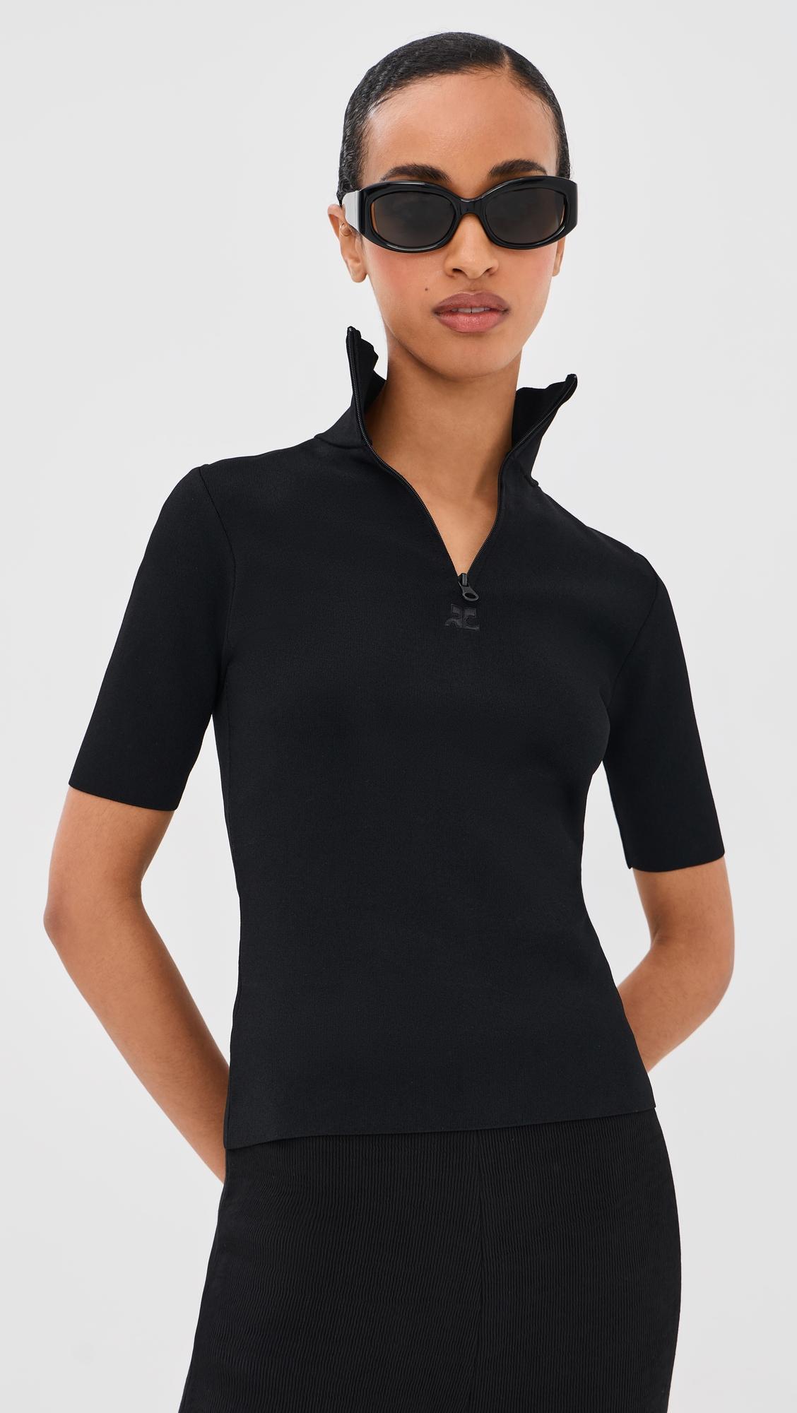 zipped mockneck knit top