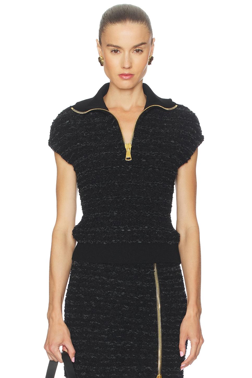 zipped short sleeve tweed top