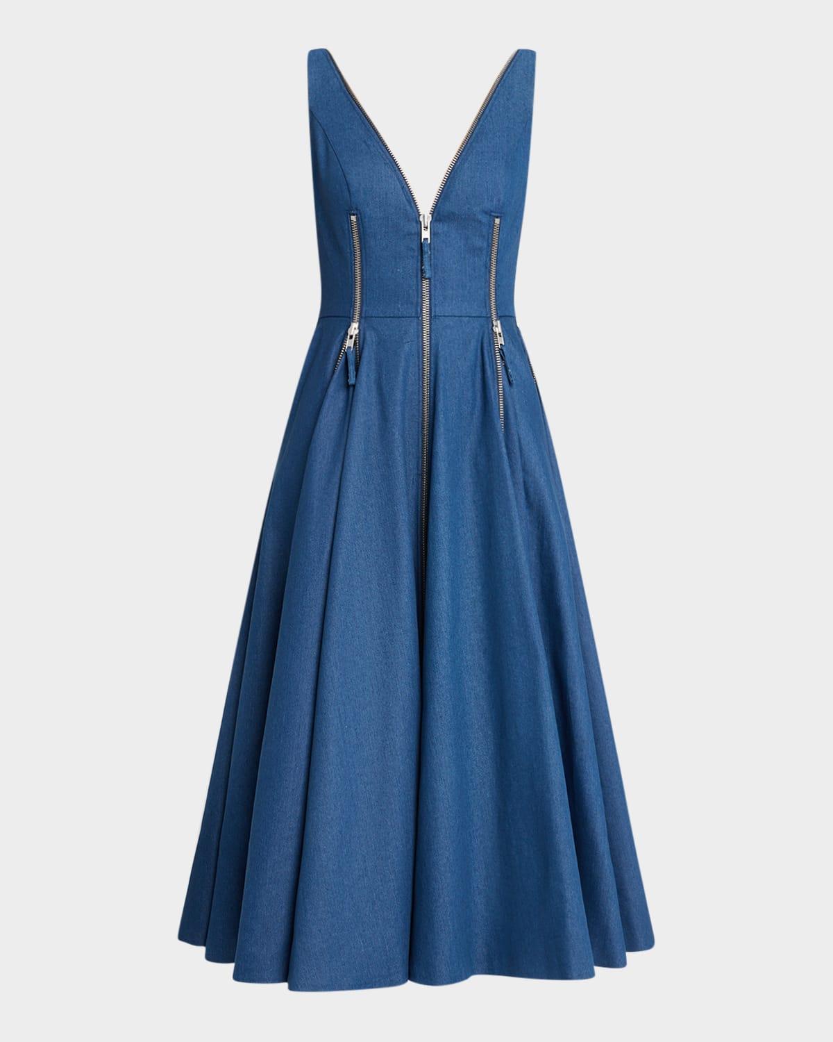 zipper-embellished godet denim midi dress
