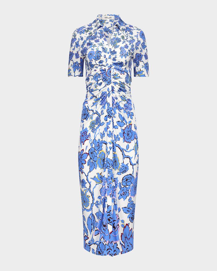 zoey ruched floral-print midi dress