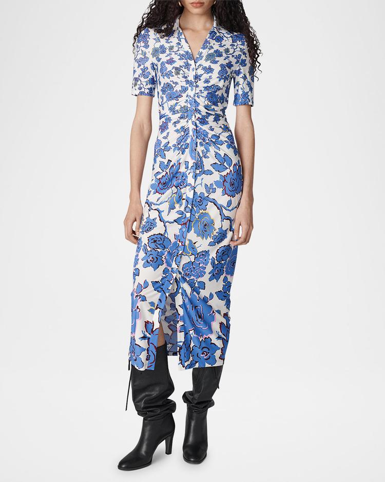 zoey ruched floral-print midi dress