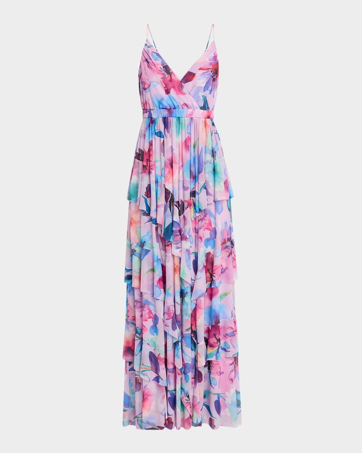 zoey tiered watercolor-print mesh maxi dress