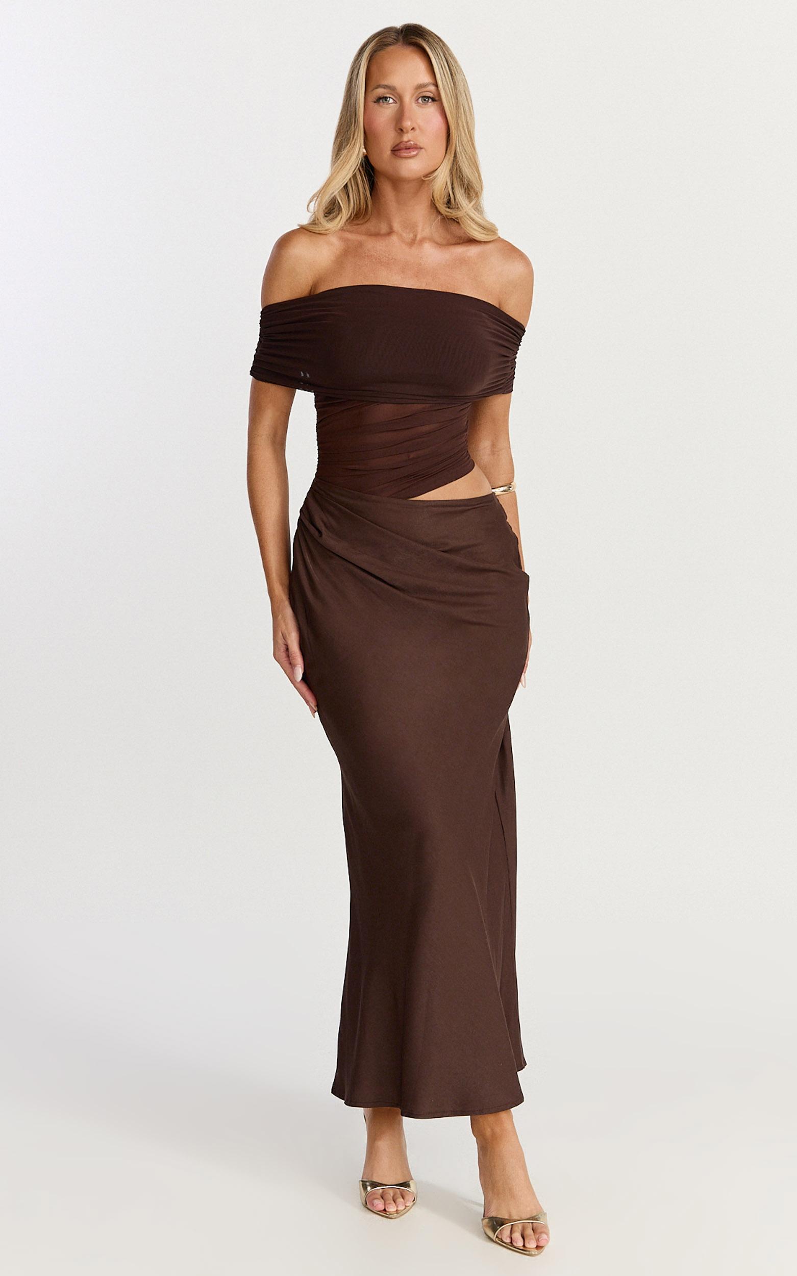 zuri midi dress - cut out draped shoulder dress in chocolate