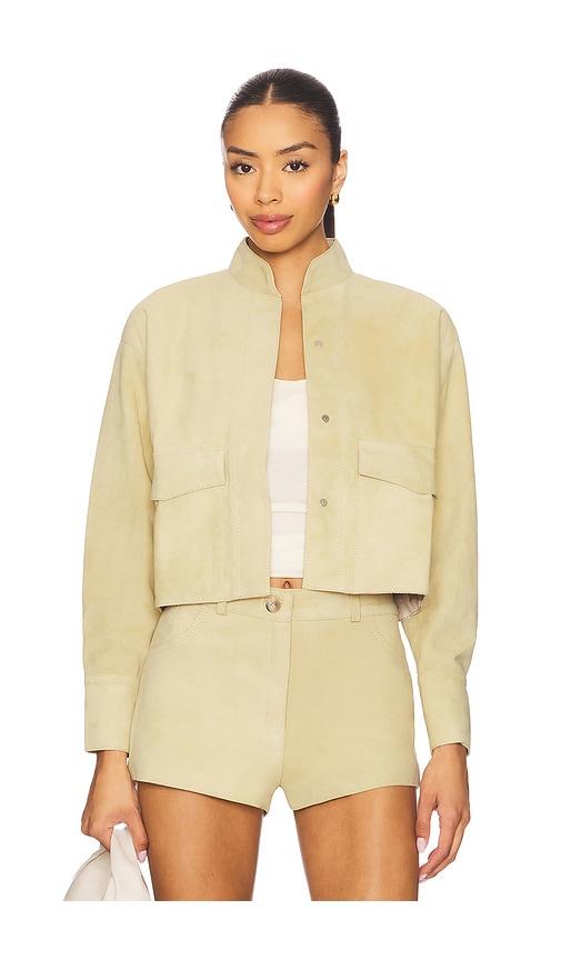 zut x revolve cropped suede jacket in nude.