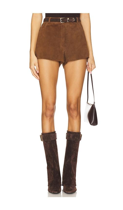 zut x revolve waistband shorts in brown.