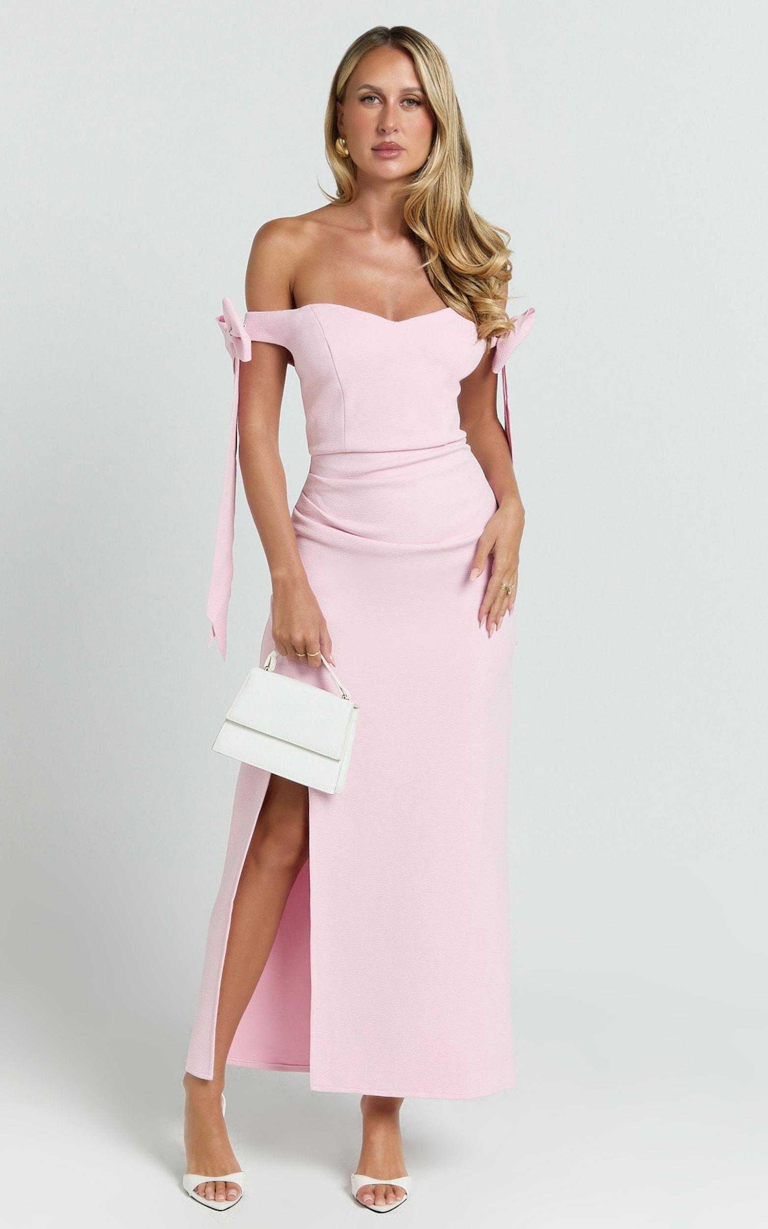 zyriel midi dress - off shoulder bow sleeve dress in pink